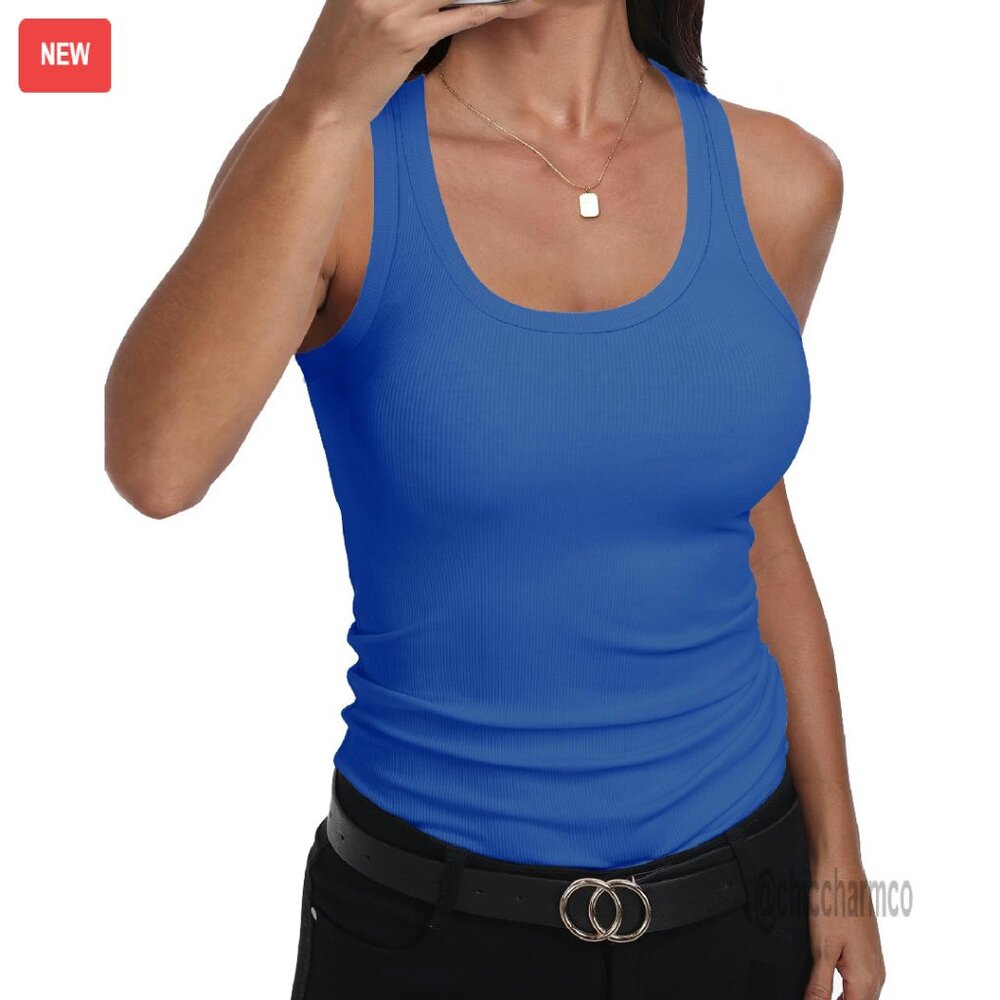 Scoop Neck Racerback Ribbed Tank Top - Fitted Stretchy Cotton Rayon Blend